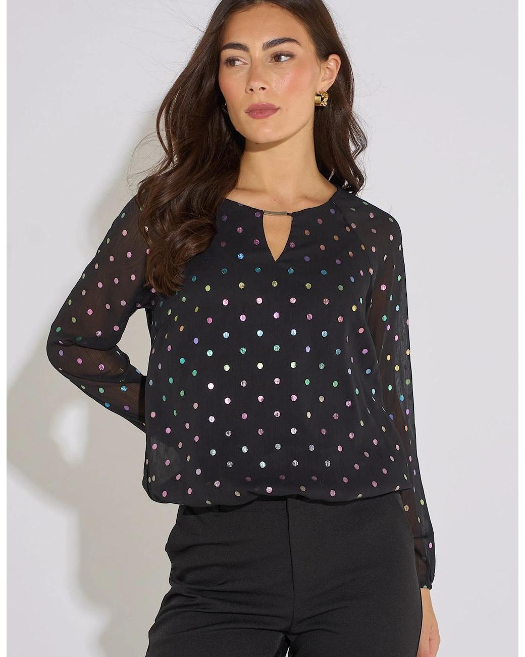 Gini London Black Multicolour Spot Foil Bubble Hem Top
