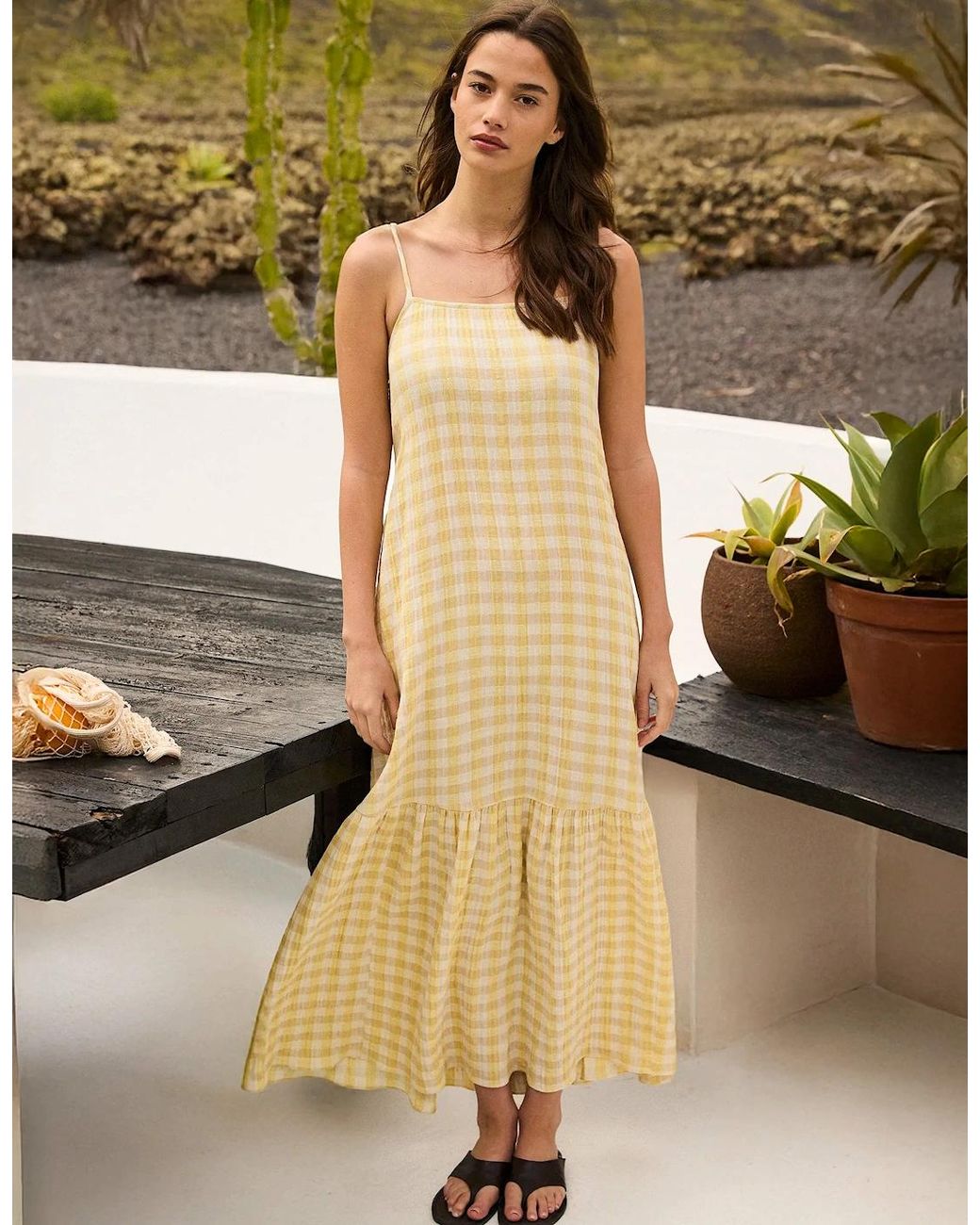 Ro&zo Yellow Lemon- Cheesecloth Check Tiered Dress