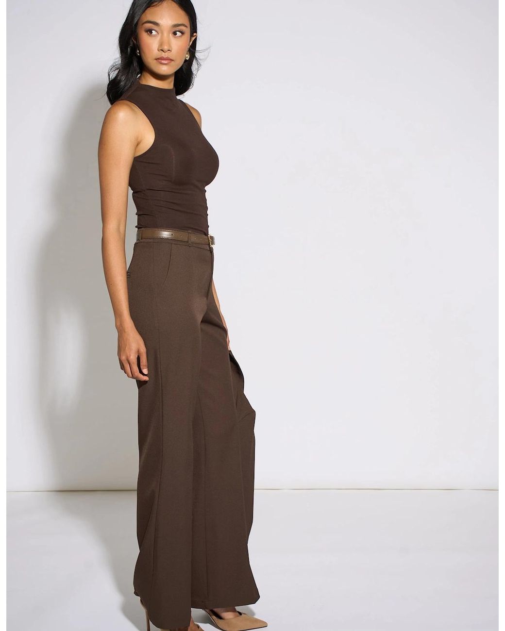 Gini London Brown Wide Leg Belted Tailoring Trouser
