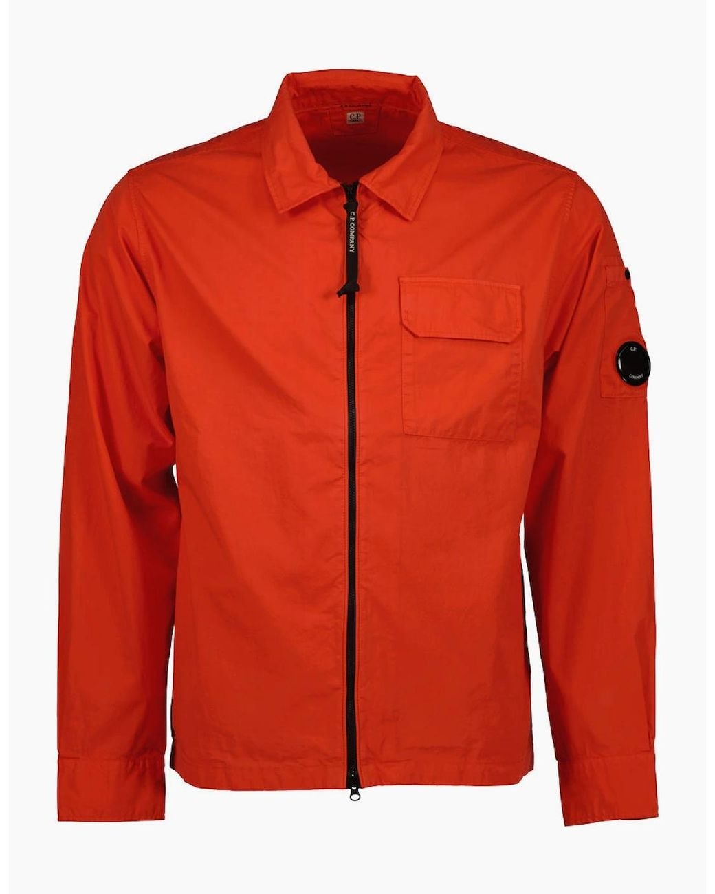 C P Company Red Gabardine Zip Up Lens Overshirt for men