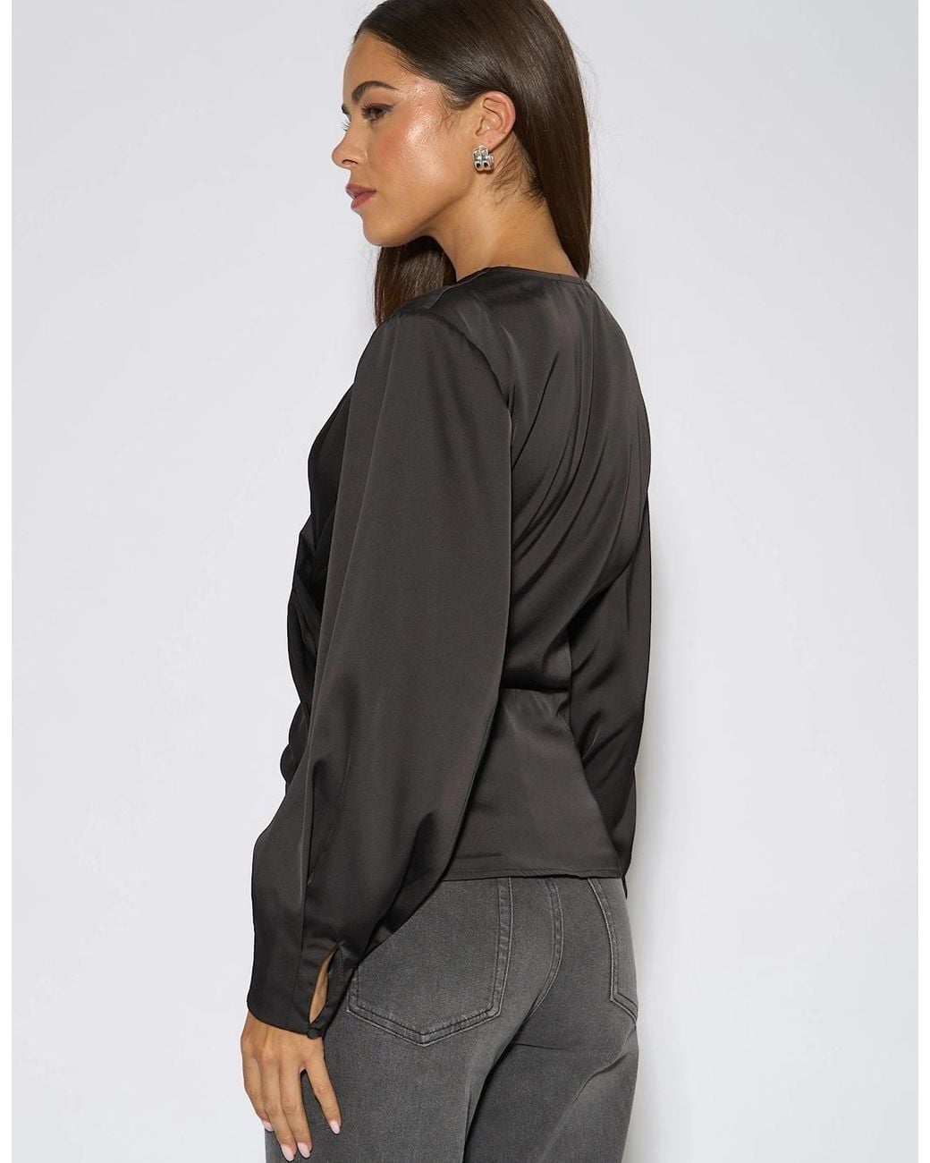 Gini London Black Satin Pleat Shoulder Wrap Top