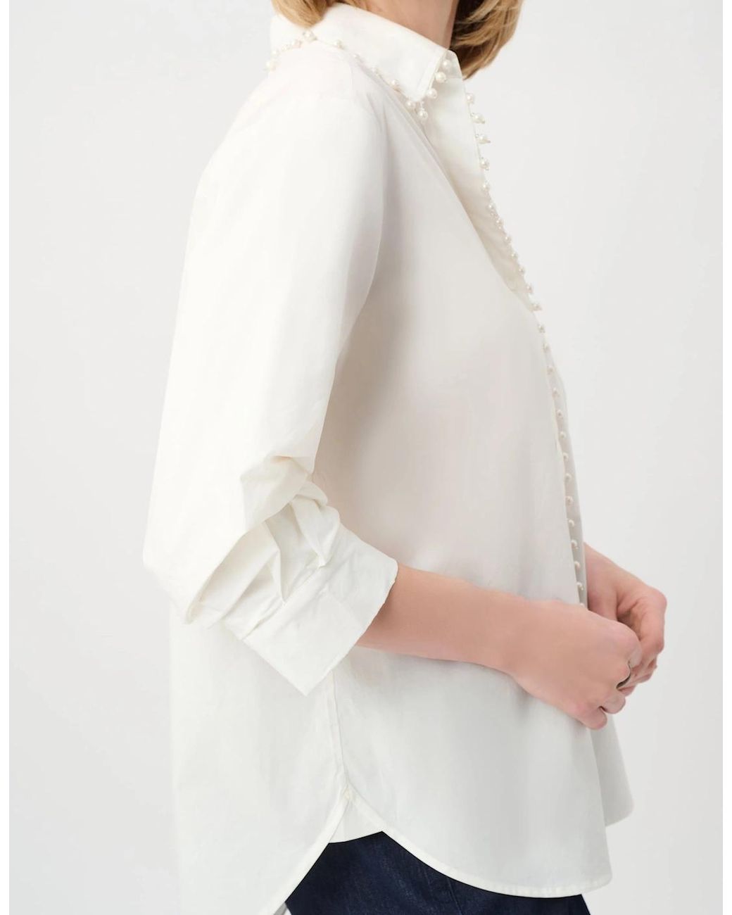 Joseph Ribkoff White Cotton Poplin Pearl Trim Boxy Blouse