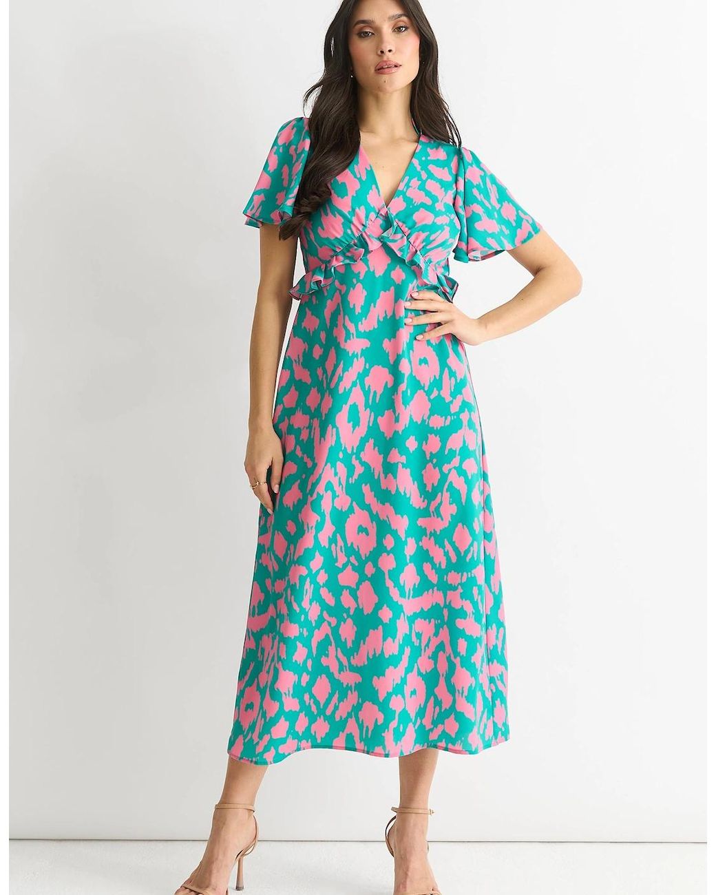 Gini London Blue Animal Print V Neck Ruffle Midi Dress