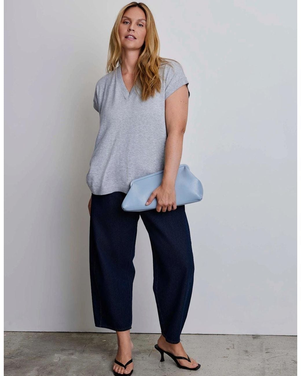 Live Unlimited London Blue Wool Blend Relaxed V-Neck Top