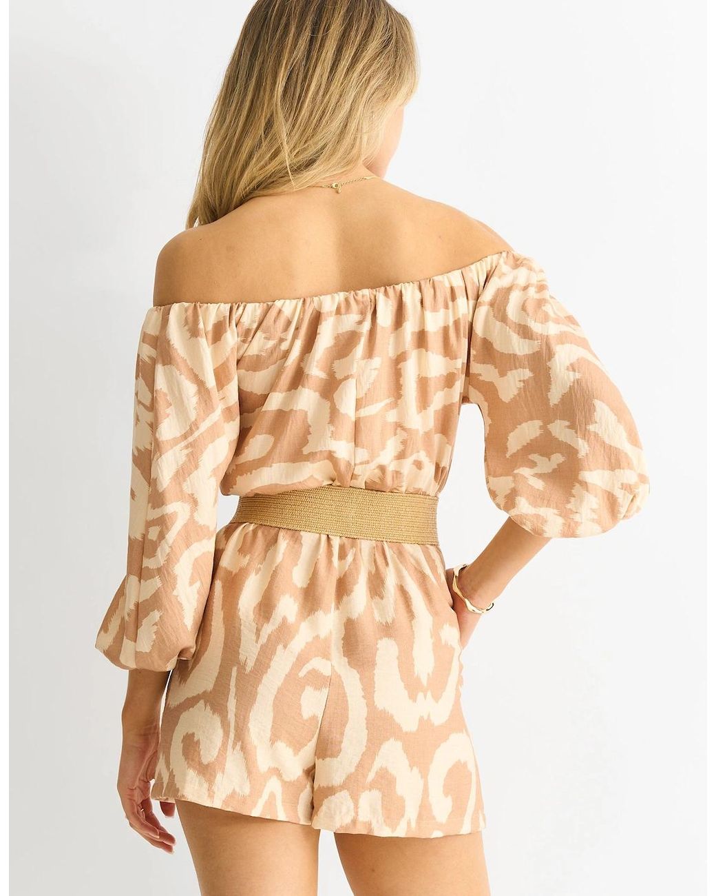 Gini London Natural Abstract Belted Bardot Viscose Playsuit
