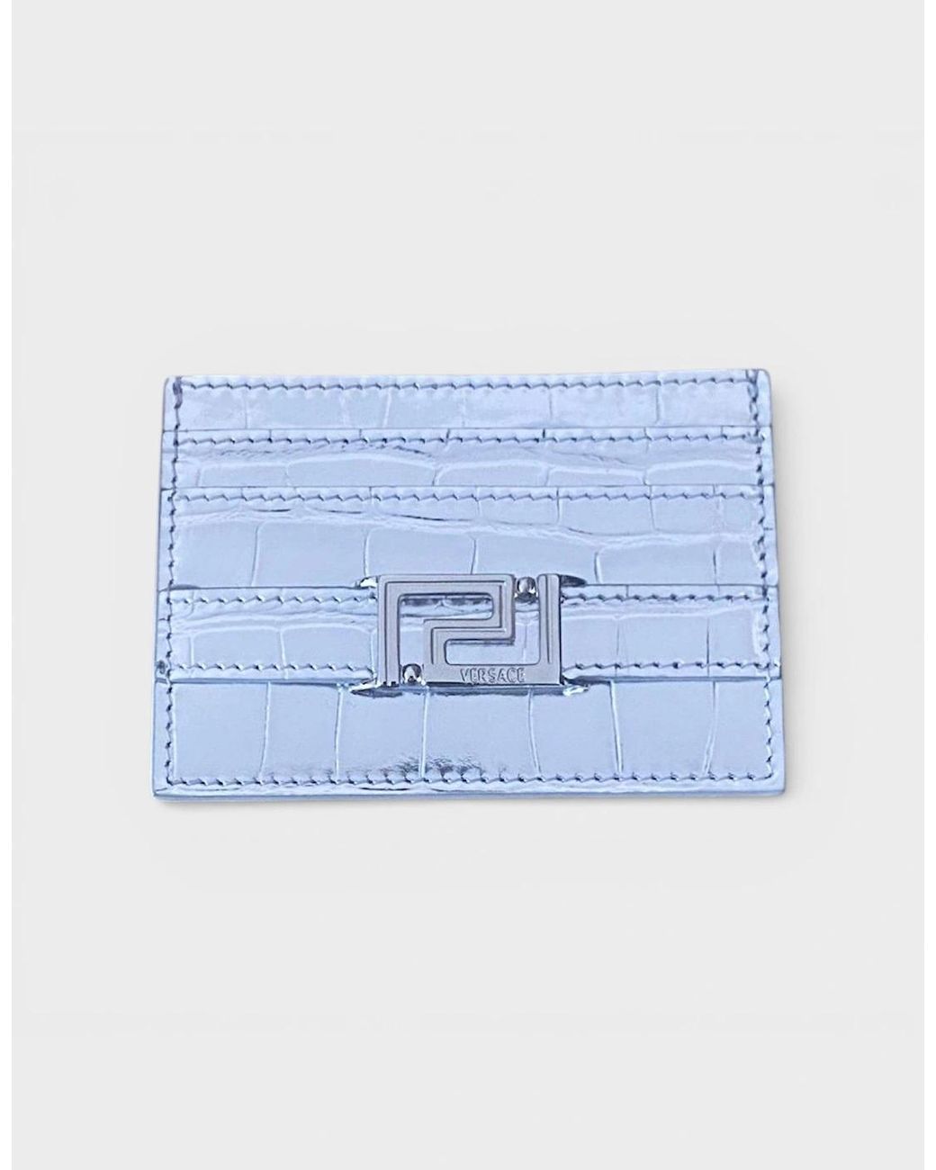 Versace Blue Logo Card Case Laminated Croco Tone