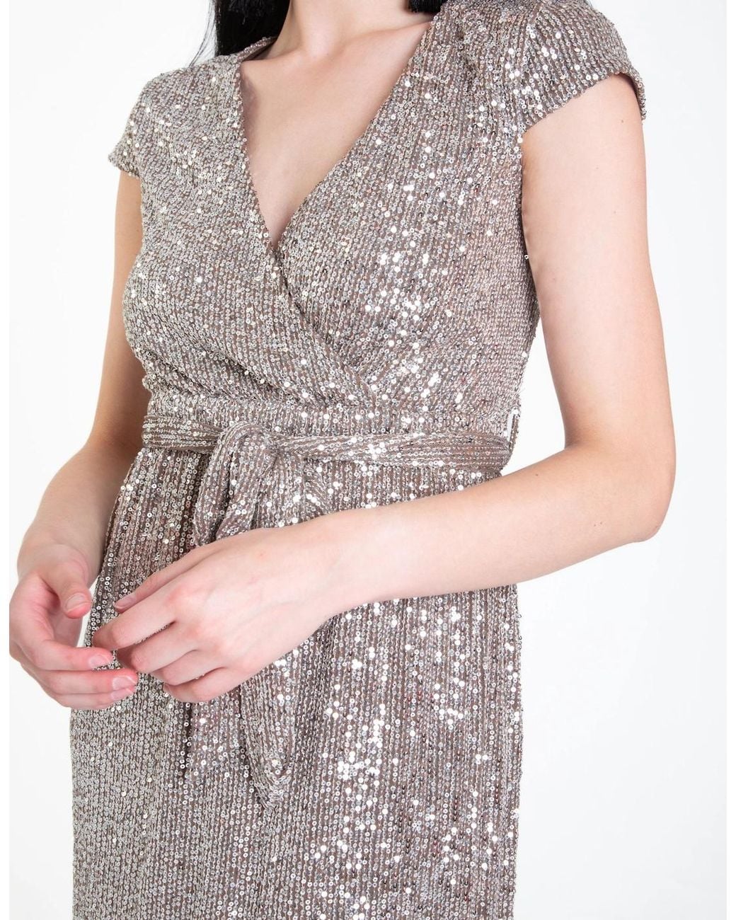 Gini London White Gun Metal Sequin Belted Midi Wrap Dress