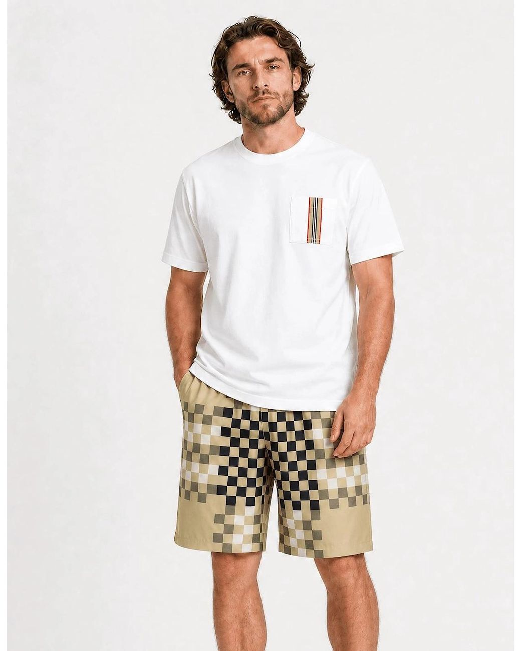 Burberry Natural 'Bradeston' Silk Pixel Check Shorts for men