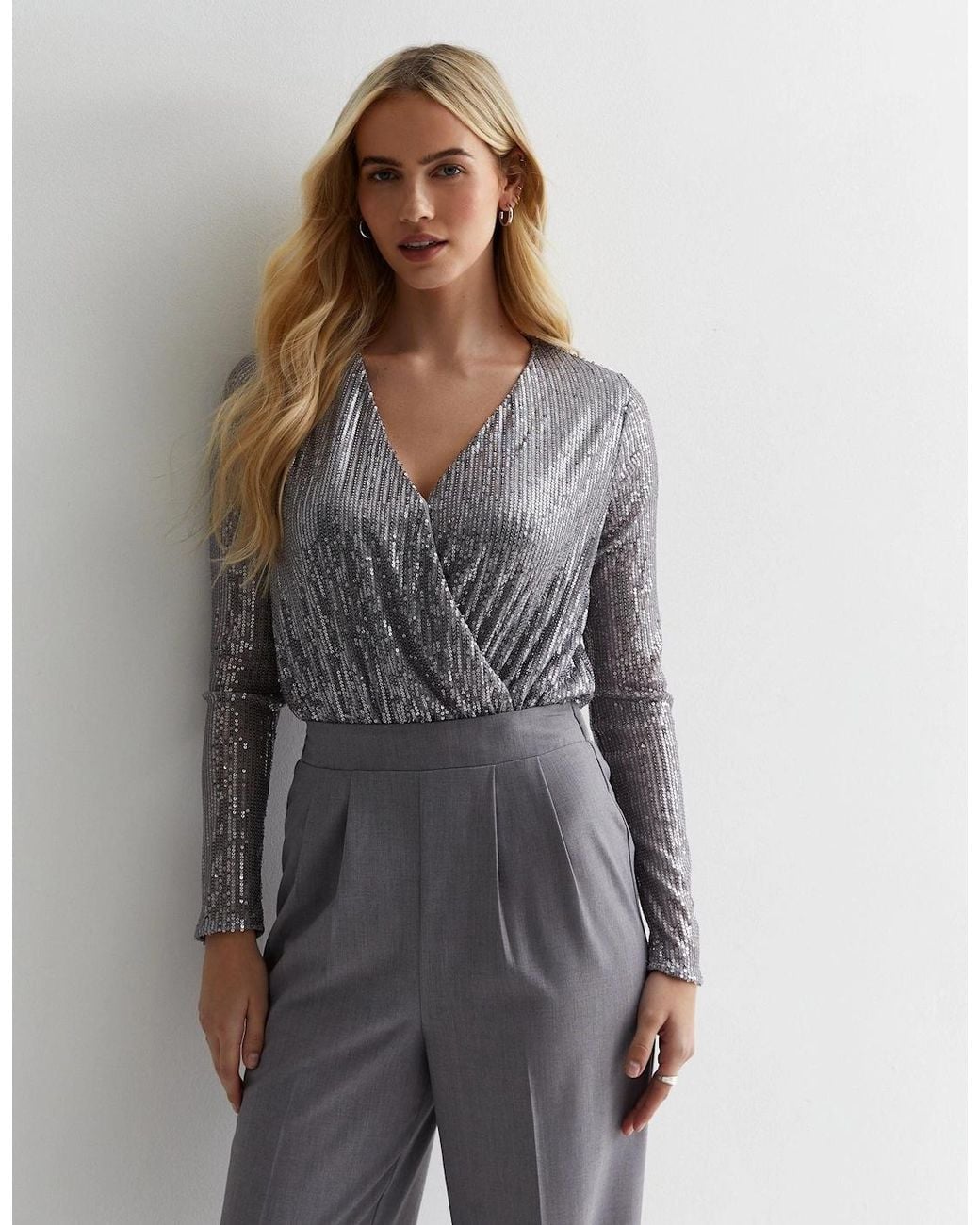 Gini London Gray Gun Metal Sequin Wrap Long Sleeves Bodysuit