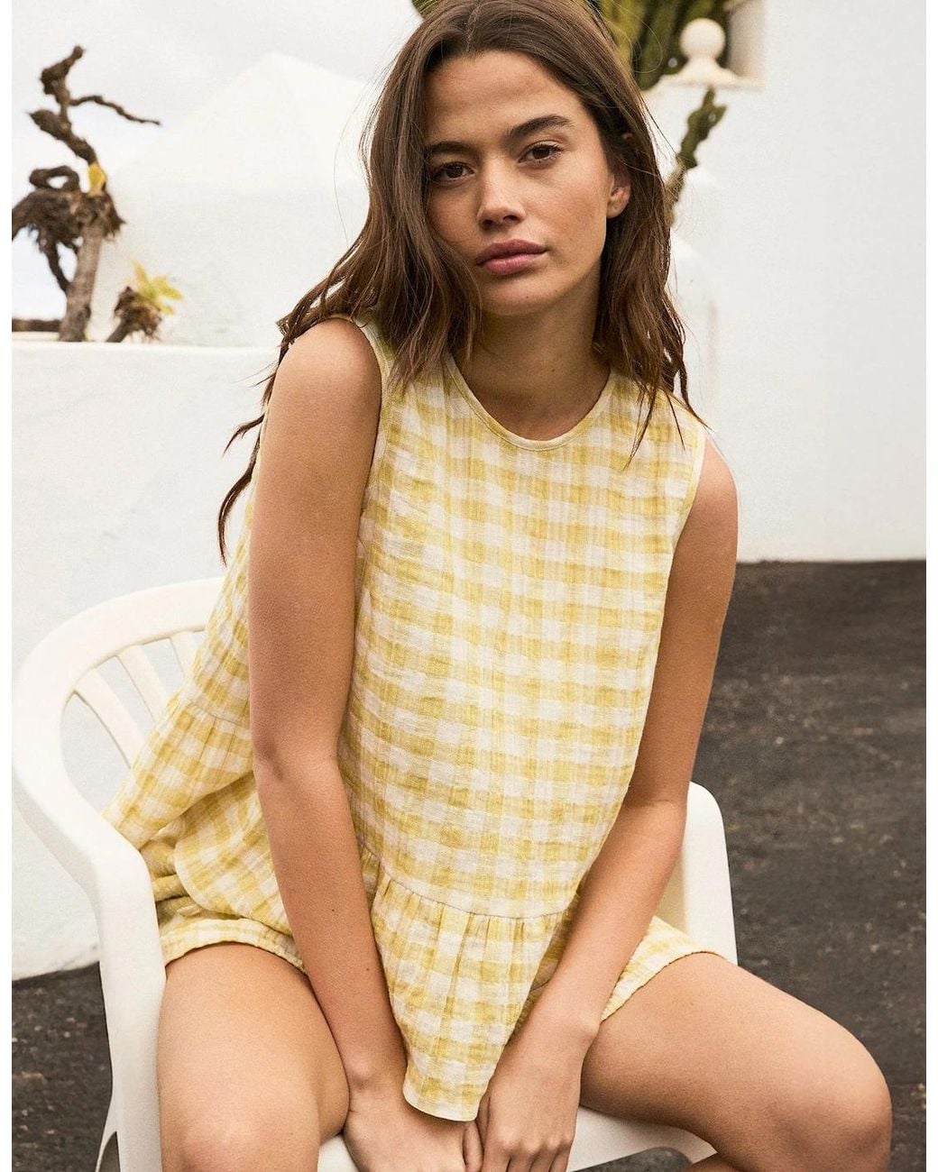 Ro&zo White Lemon- Check Cheesecloth Peplum Top