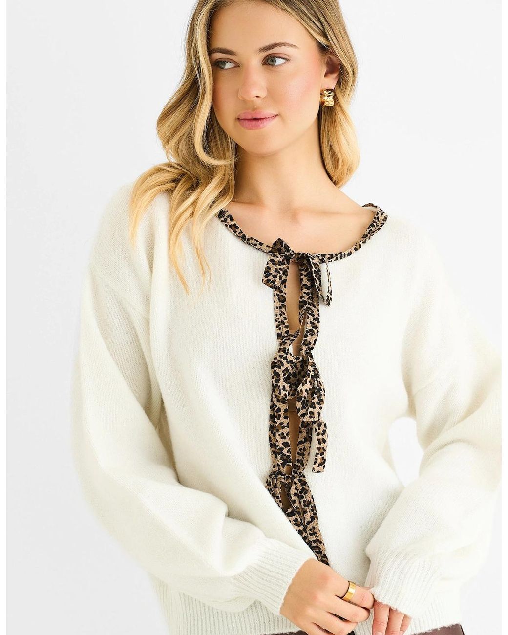 Gini London White Cream Contrast Animal Tie Oversized Knit Cardigan