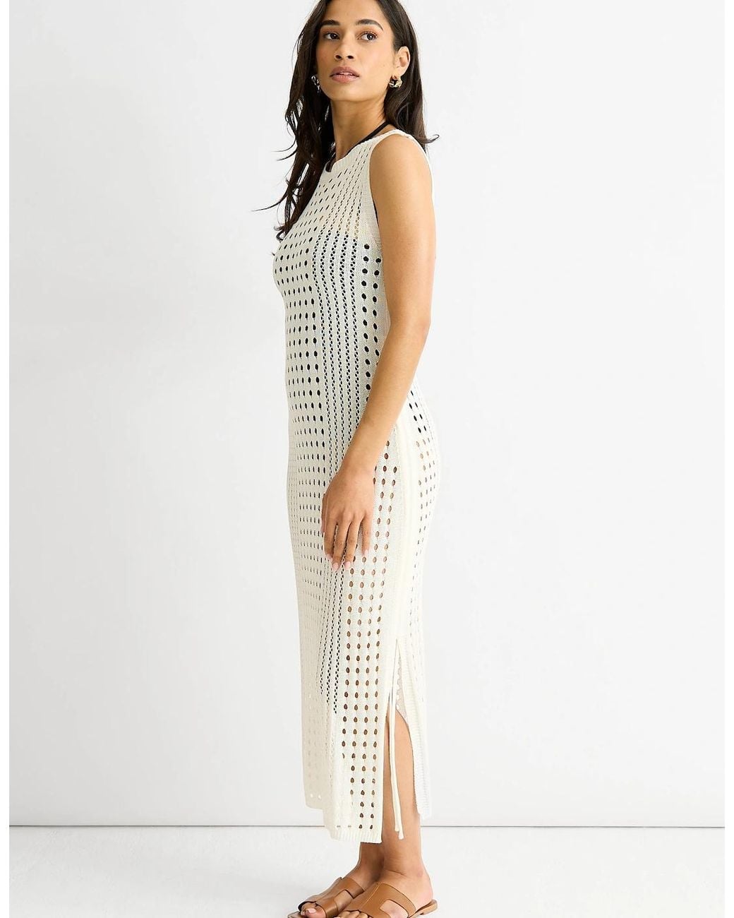 Gini London White Crochet Knit Bodycon Midi Dress