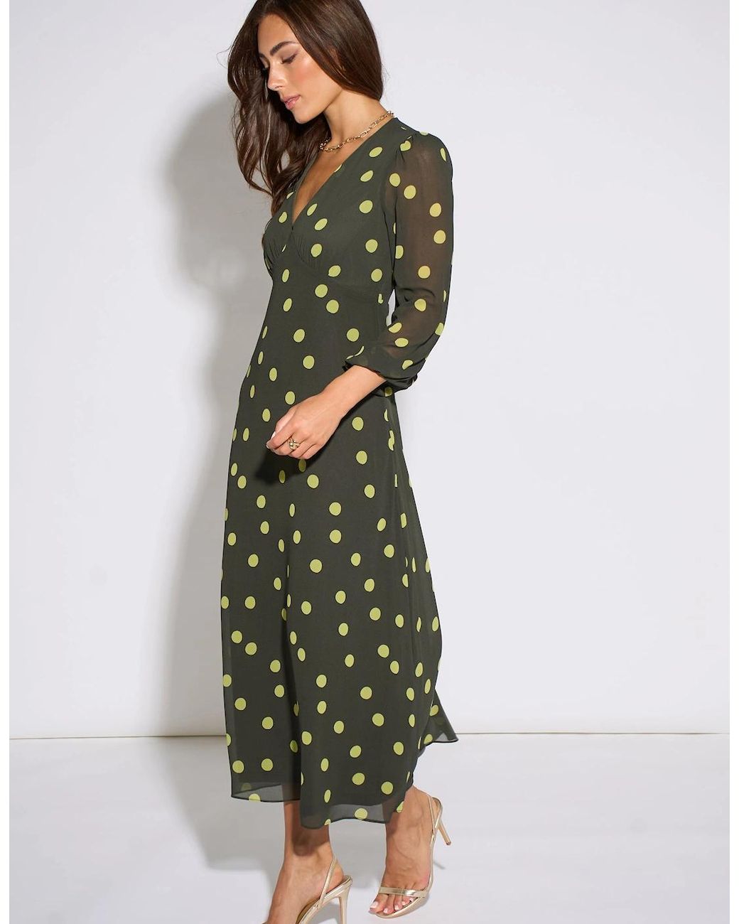 Gini London Green Lime Spot V Neck Midi Dress