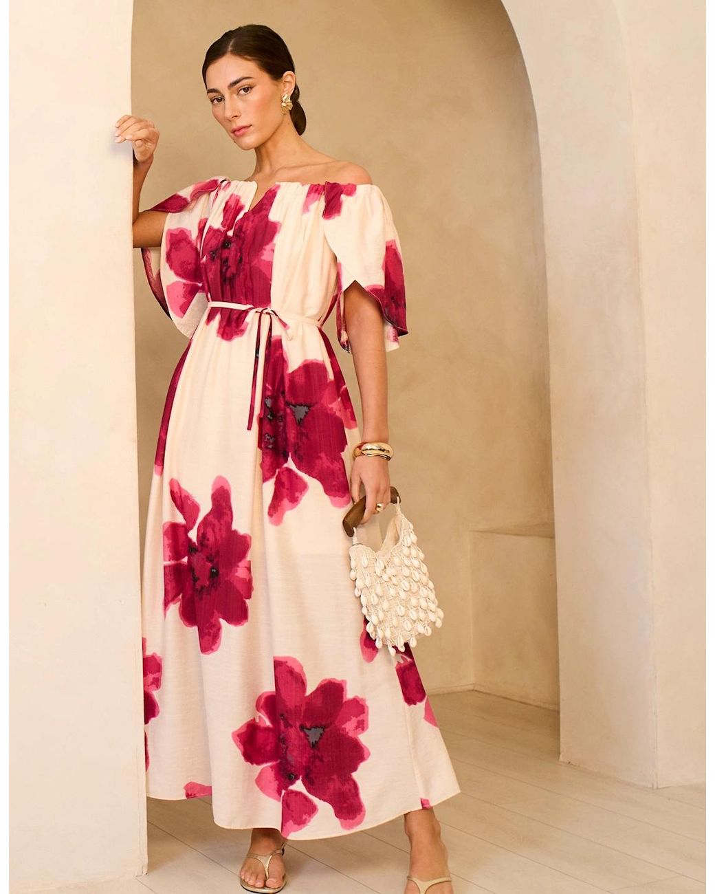 Gini London Pink Bardot Trapeze Maxi Dress
