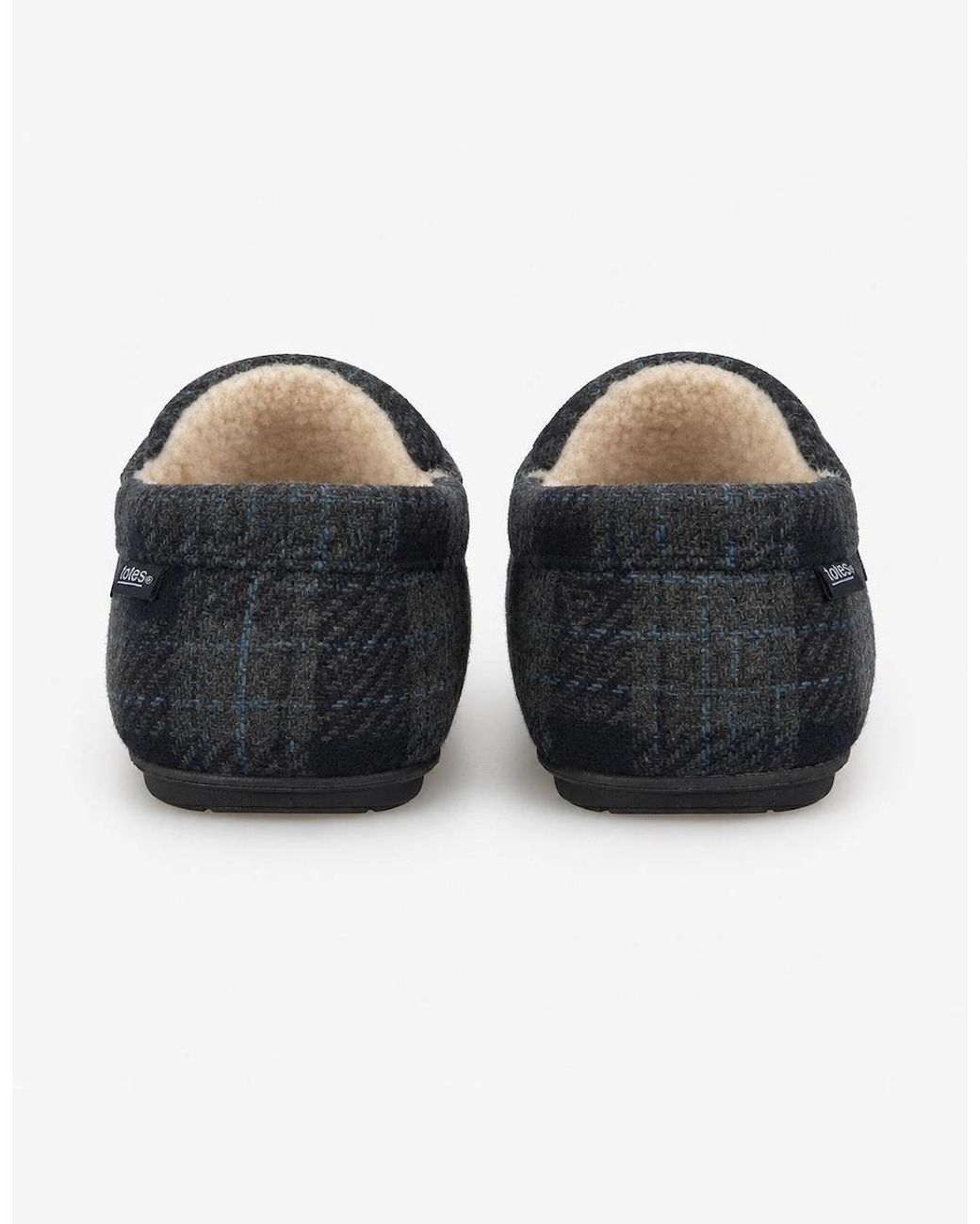 Totes Black Toasties Check Moccasin With Curly Fur Lining Moccasins Check for men