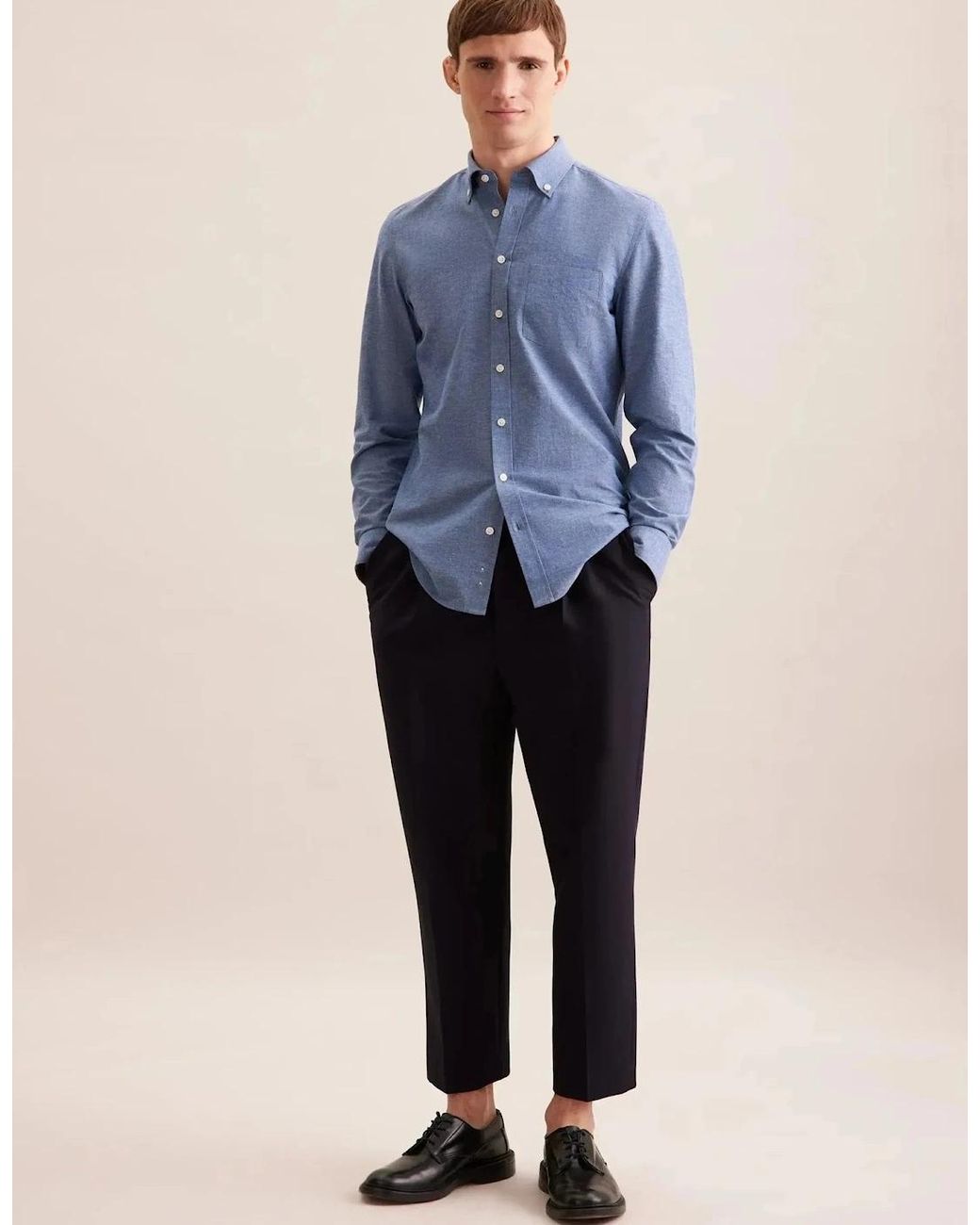 Seidensticker Blue Slim Fit Button Down Linen Blend Chambray Shirt Mid for men