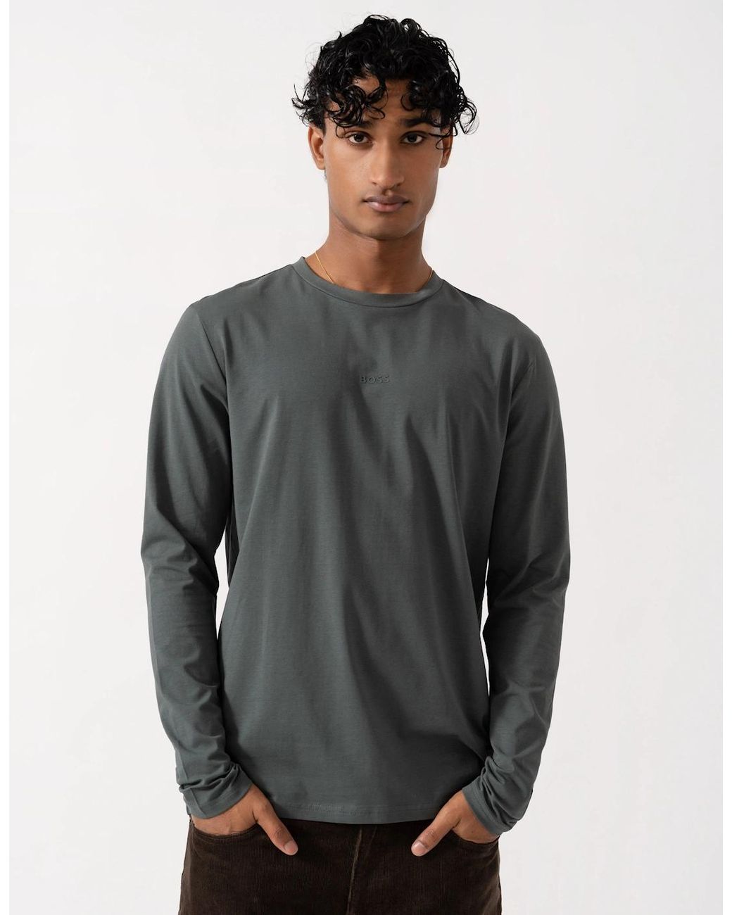 Boss Gray Boss Tchark Long Sleeve Stretch Cotton T-Shirt for men