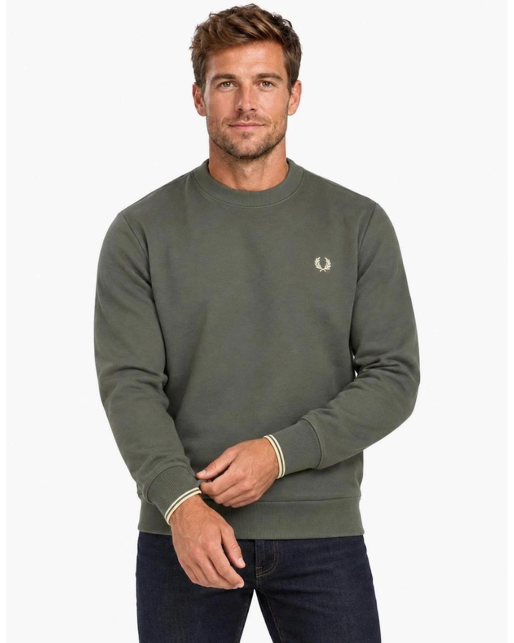 Fred Perry Green Crew Neck Sweatshirt Field/Oatmeal for men