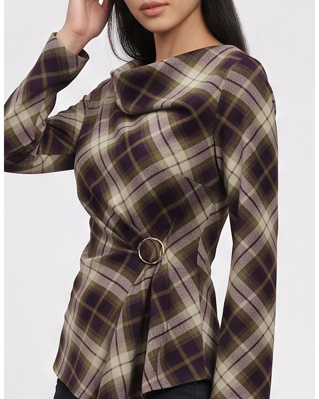 Gini London White Khaki Check Cowl High Neck Ruched Side Blouse