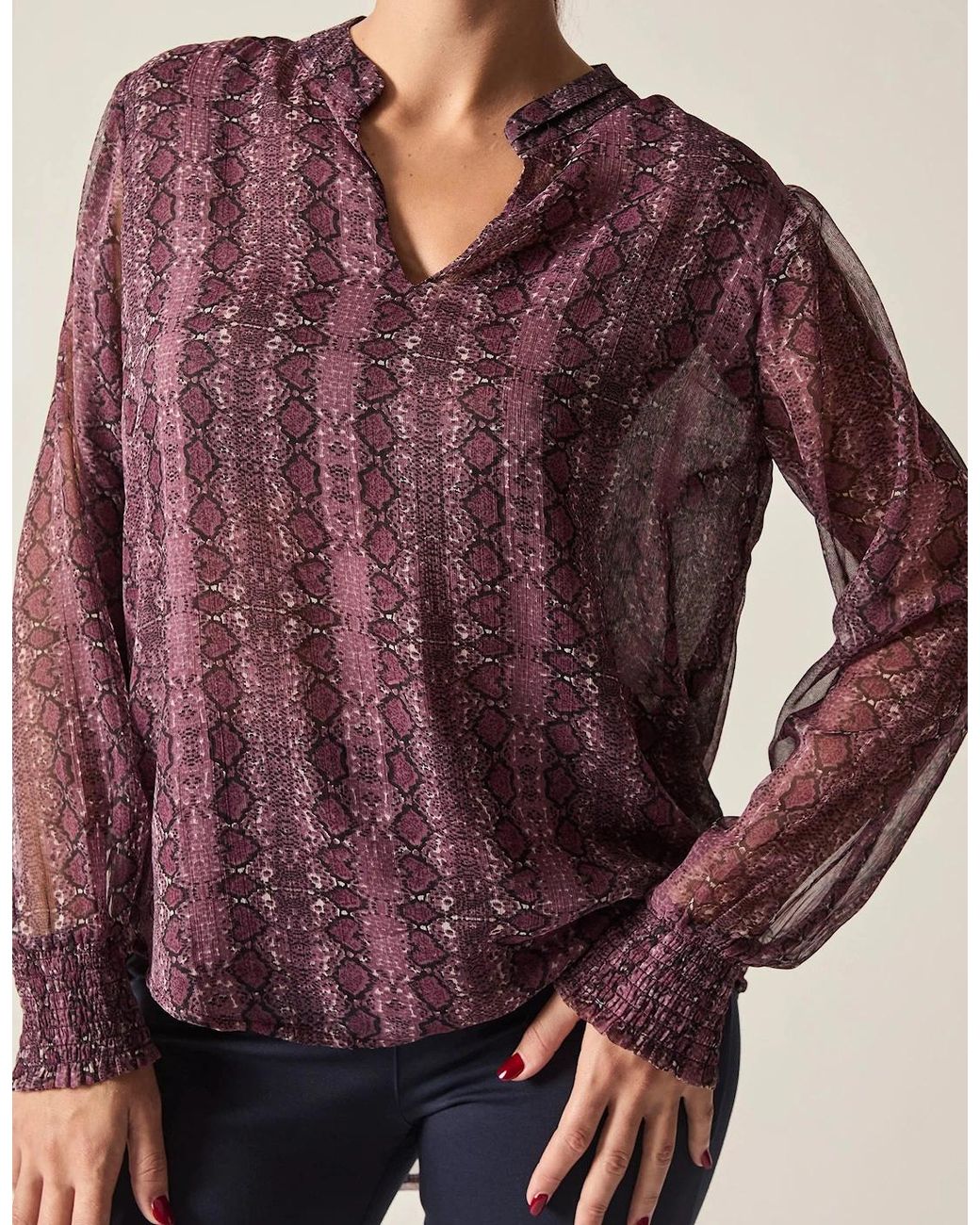 James Lakeland Purple Snake Print Sheer-Sleeve Blouse