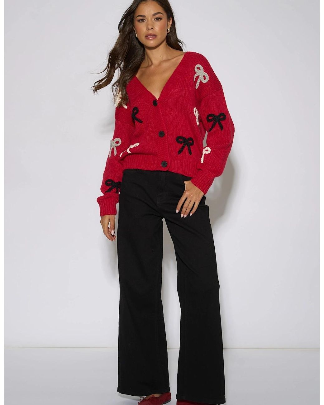 Gini London Red 3D Bow Long Sleeve Knit Cardigan