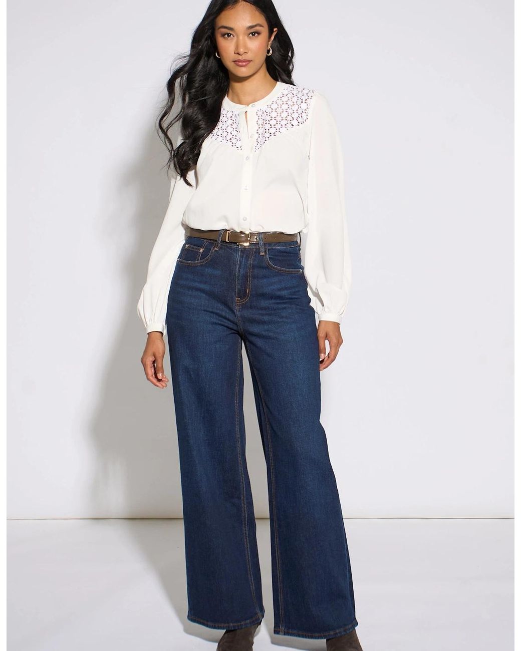 Gini London White Long Sleeve Broderie Cotton Top Blouse