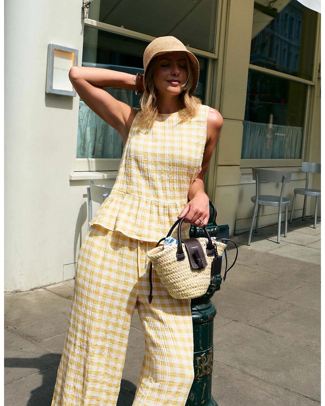 Ro&zo White Lemon- Check Cheesecloth Peplum Top