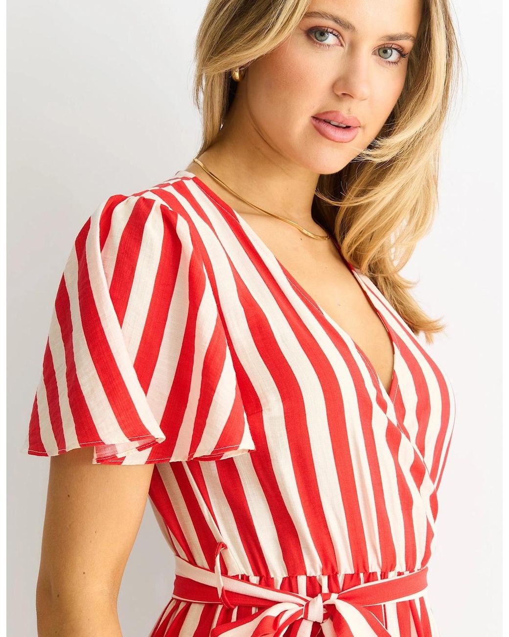 Gini London Red Stripe Wrap Belted Viscose Midi Dress