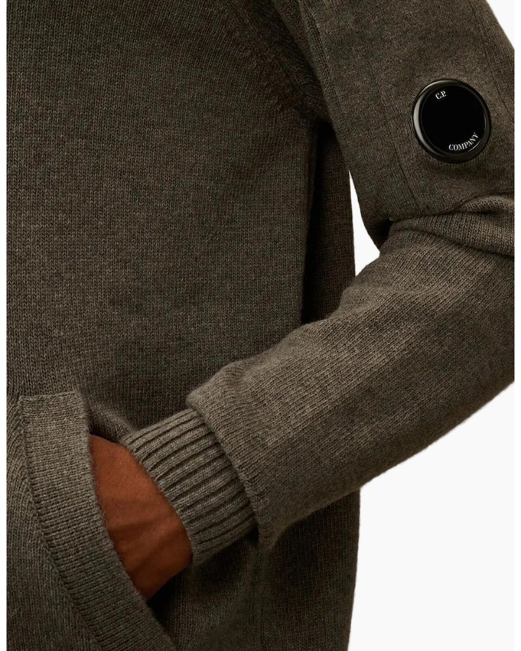 C P Company Green Lambswool Zip-Up Lens Cardigan for men
