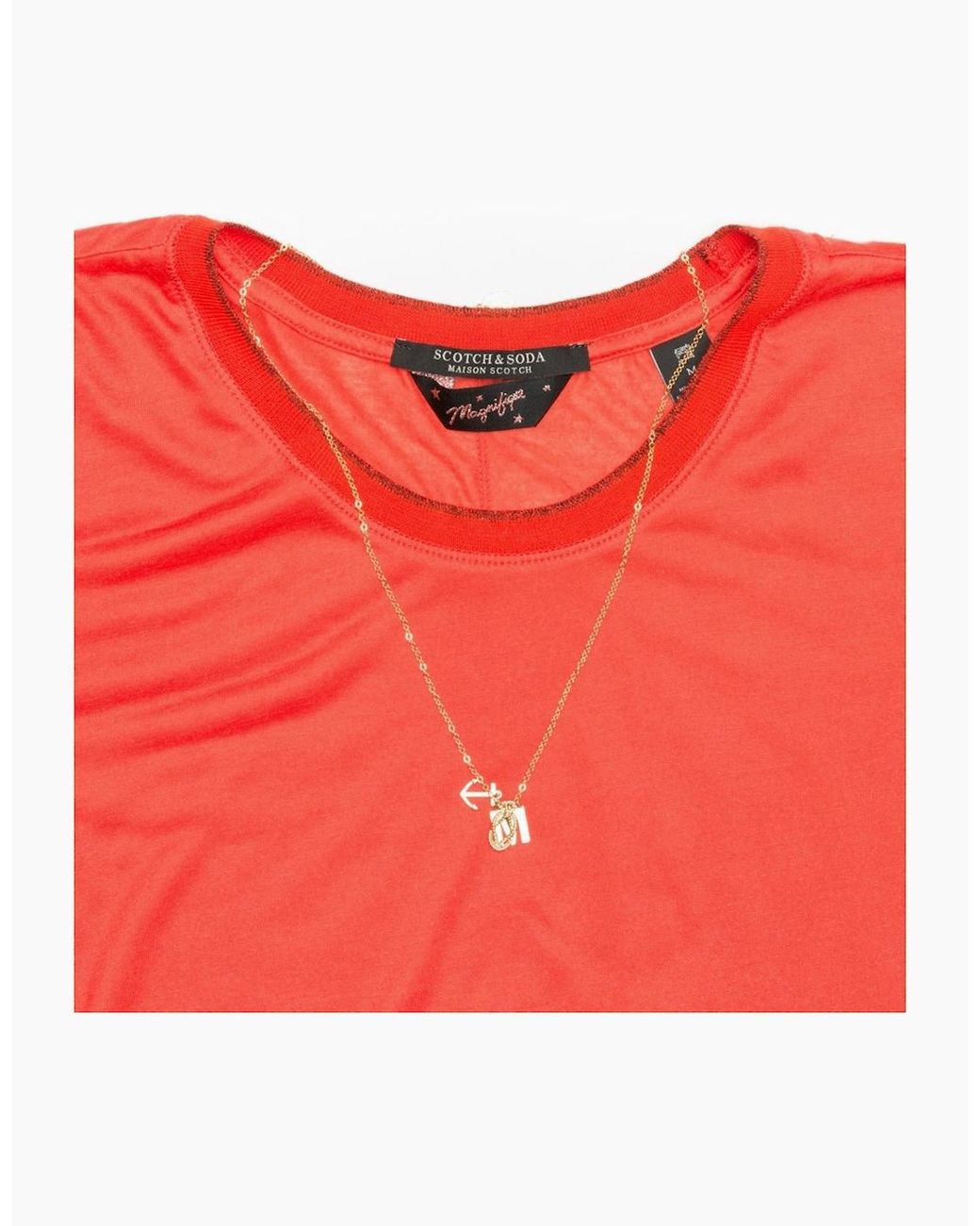 Maison Scotch Red Short Sleeve Lurex Rib Detailed Tee