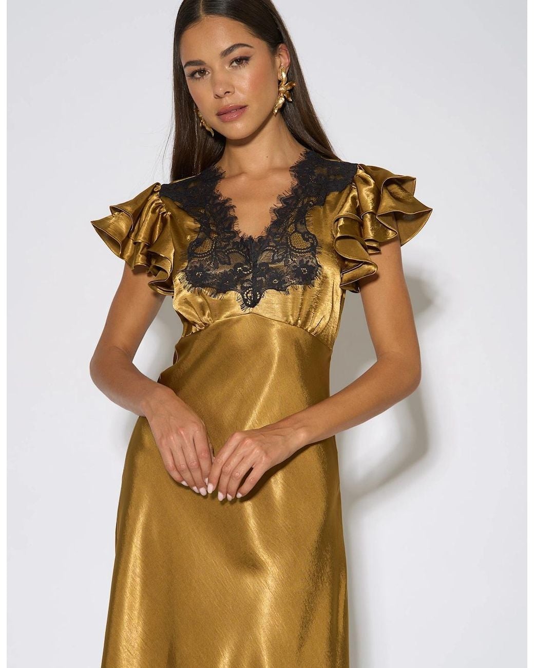Gini London Metallic Contrast Lace Satin Midi Dress