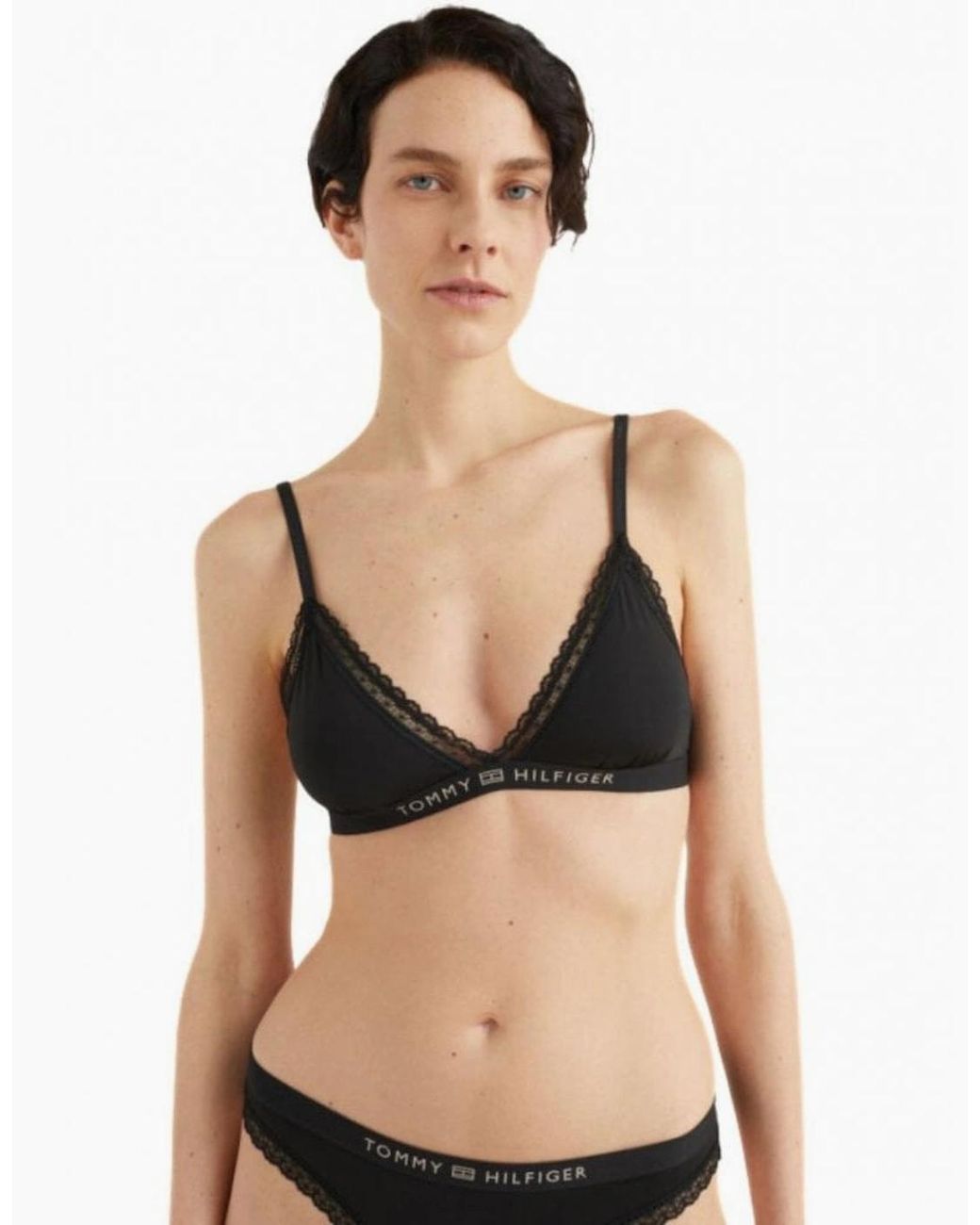 Tommy Hilfiger Black Th Tonal Logo Lace Unlined Triangle Bra