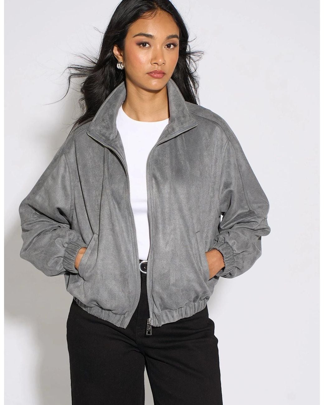Gini London Gray Faux Suede Funnel Neck Bomber Jacket