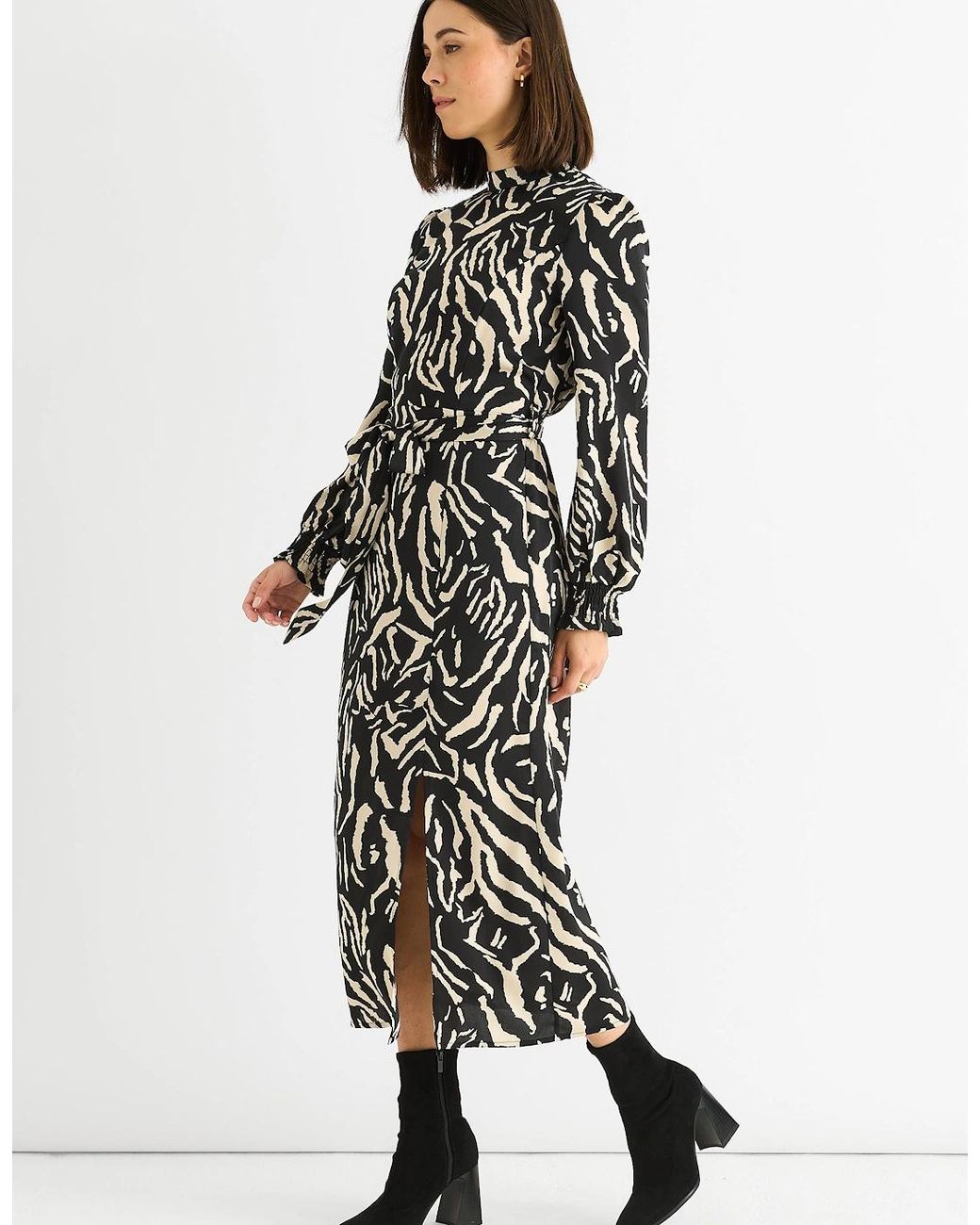 Gini London White Animal High Neck Satin Midi Dress