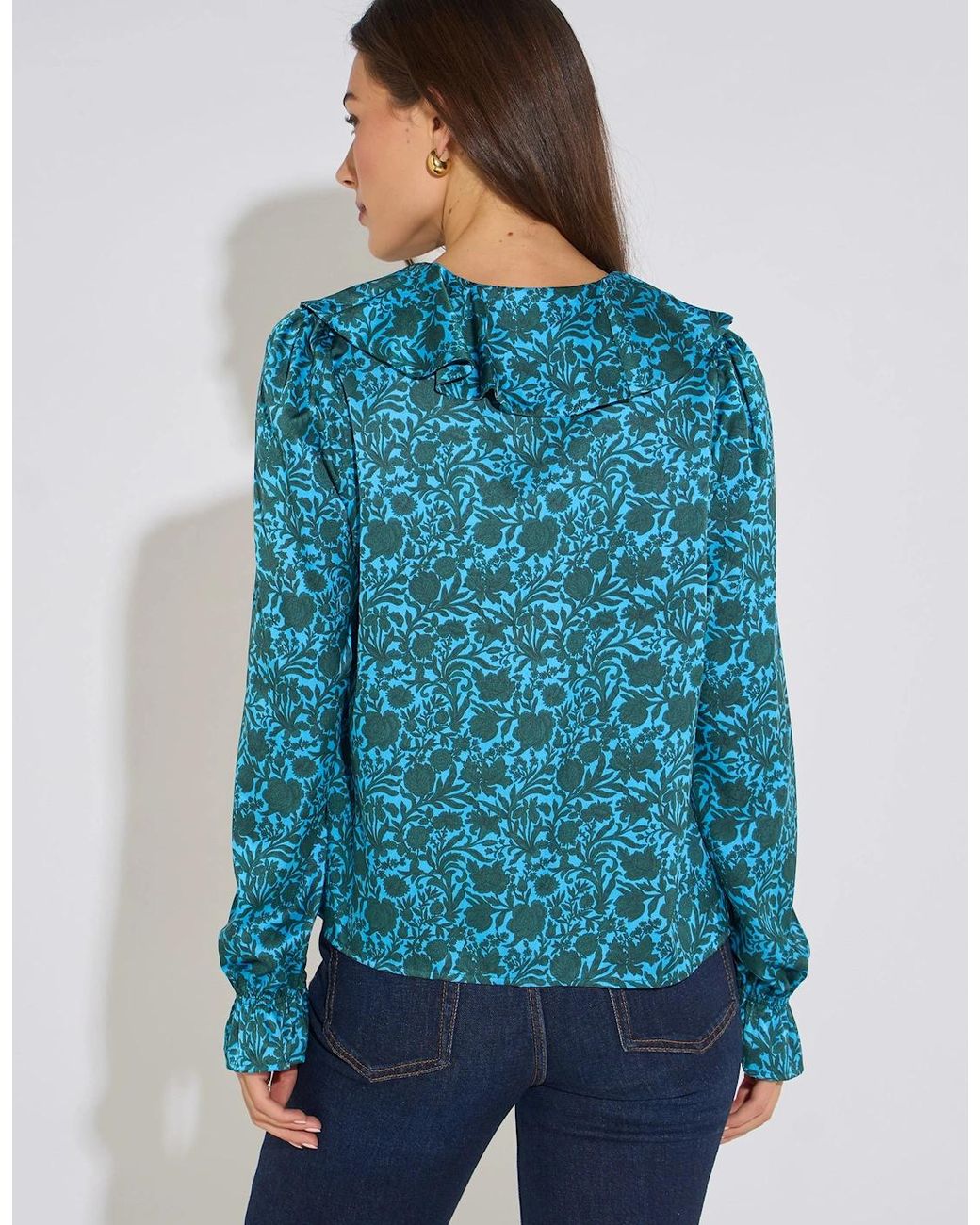 Gini London Blue Floral Print Ruffle Front Blouse