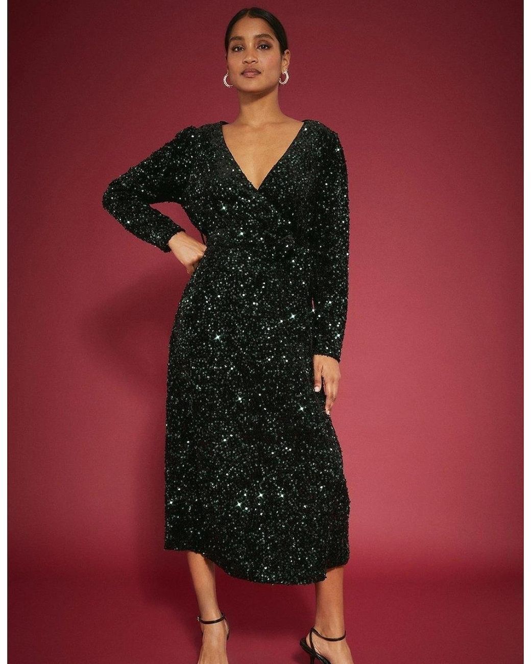 Dorothy Perkins Red Ladies Sequin Velvet Wrap Midi Dress