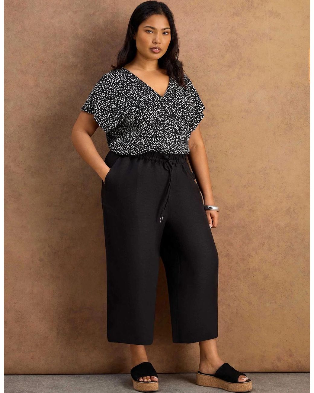 Live Unlimited London Black Linen Blend Drawstring Cropped Trousers