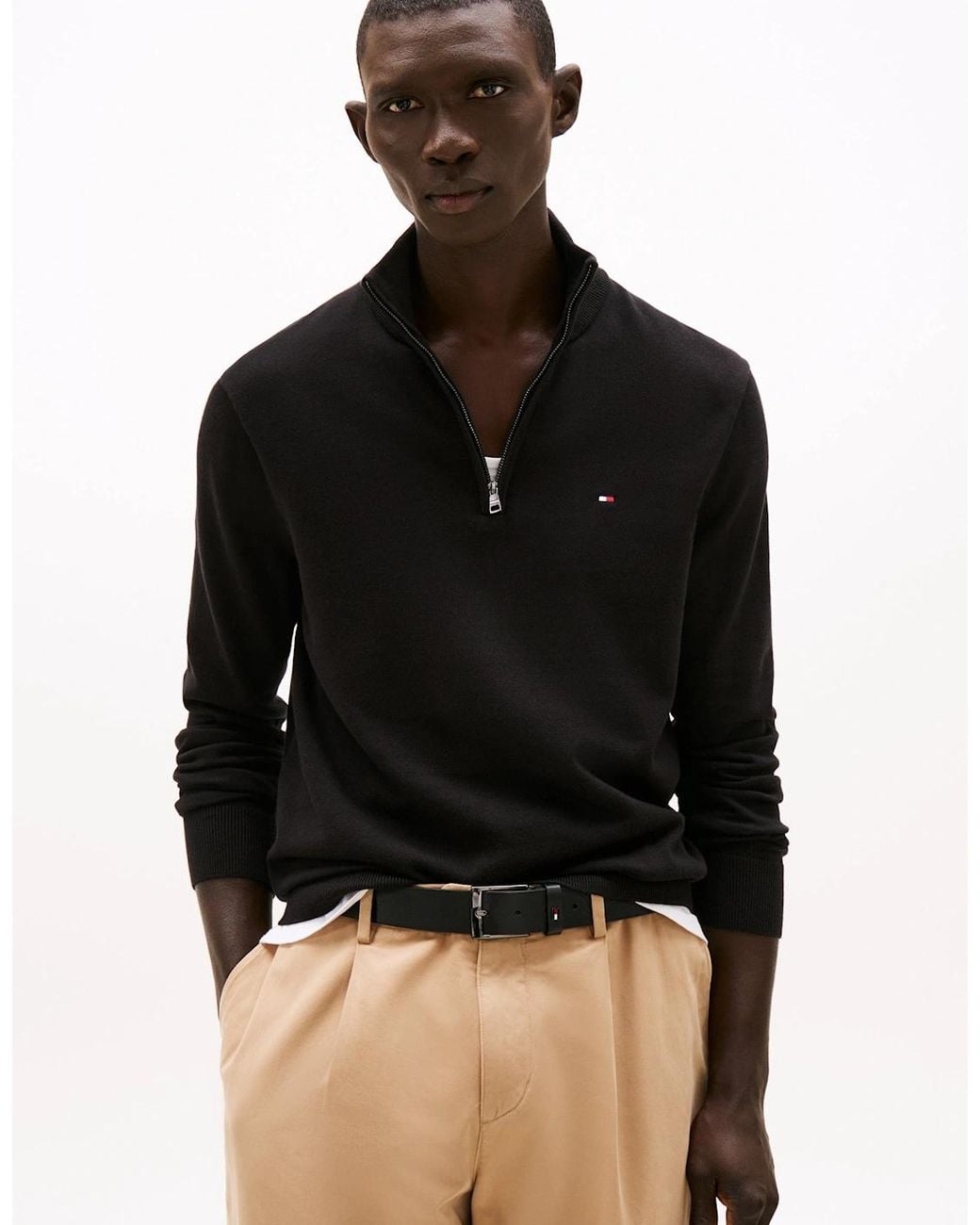 Tommy Hilfiger Black Essential Cotton 1/4 Zip Mock Sweatshirt for men