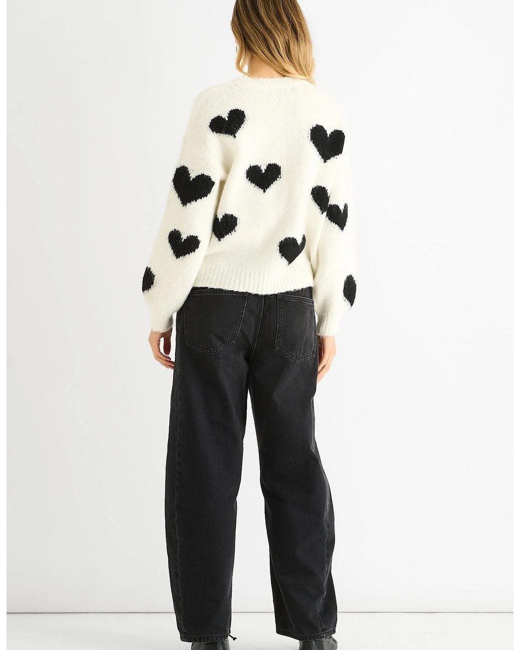 Gini London White Cream Contrast Heart Oversized Knit Jumper