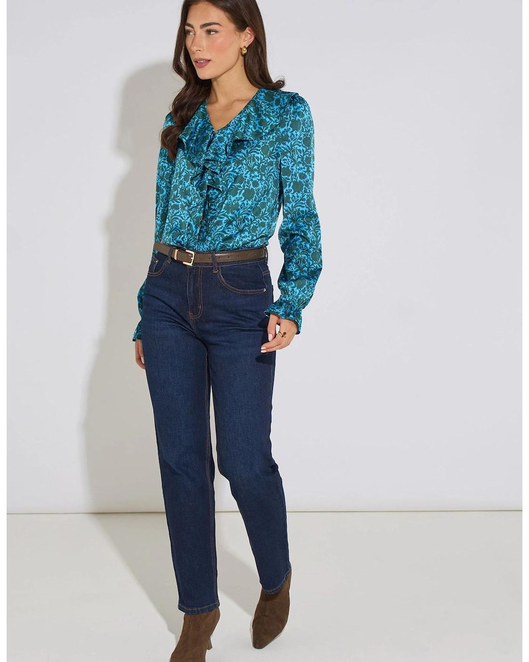 Gini London Blue Floral Print Ruffle Front Blouse