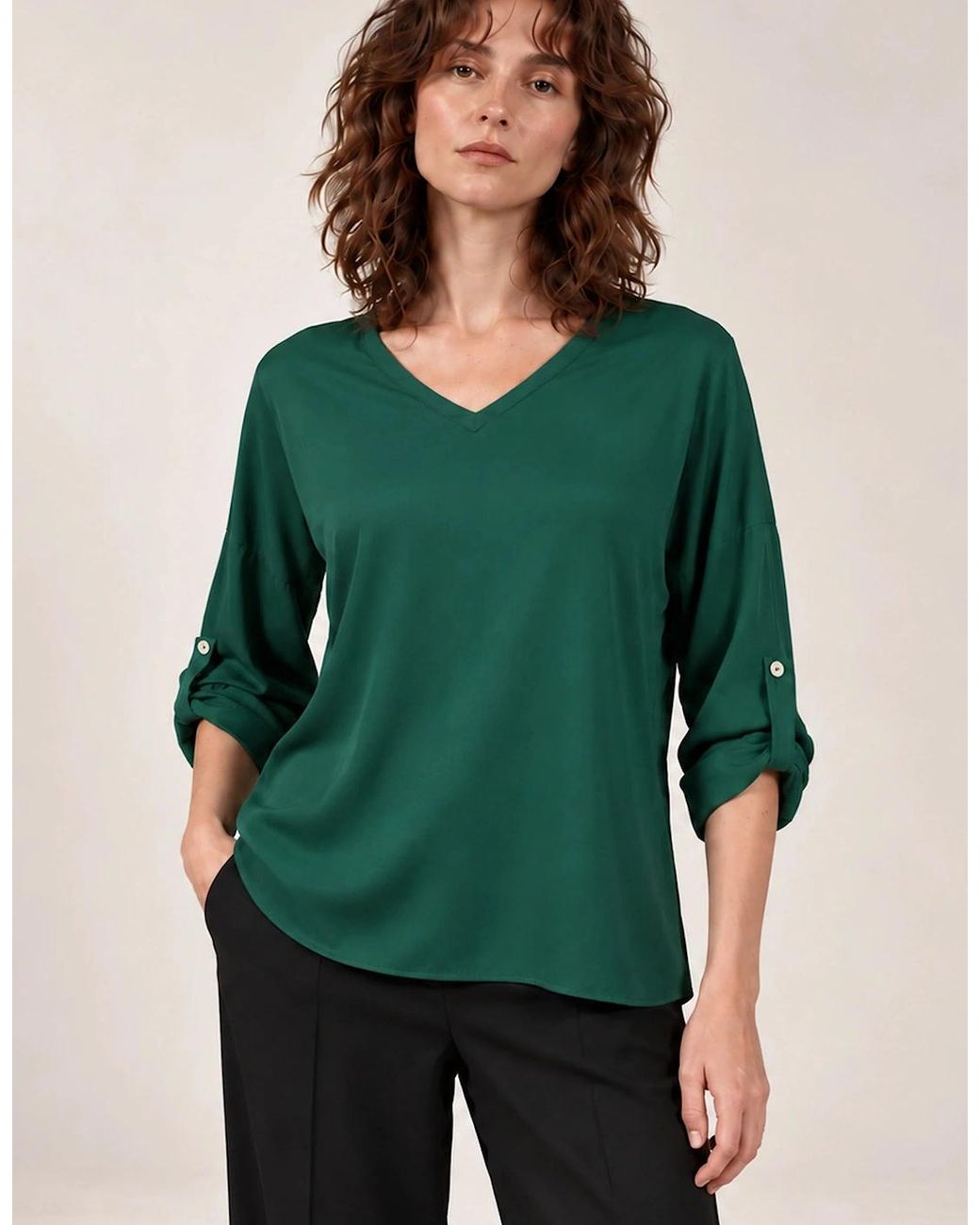 James Lakeland Green Satin V-Neck Blouse