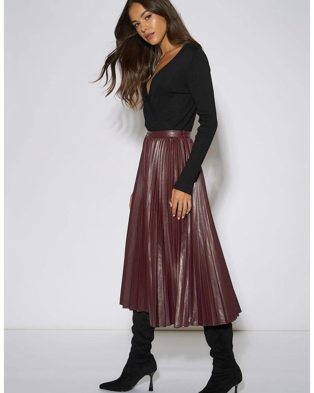 Gini London Purple Burgundy Pleated Faux Leather Midi Skirt