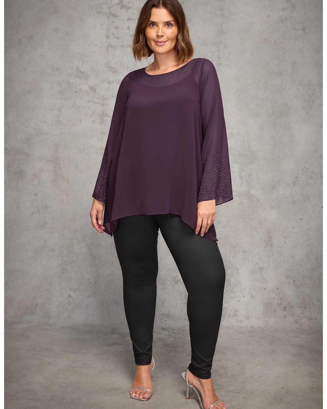 Live Unlimited London Purple Plum Sheer Embellished Sleeve Layered Tunic