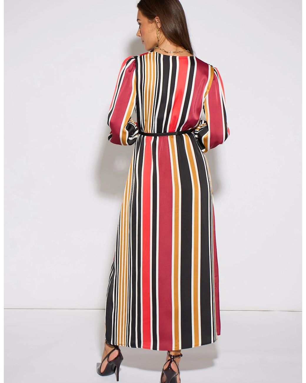 Gini London Red Multi Stripe Satin Wrap Midaxi Dress