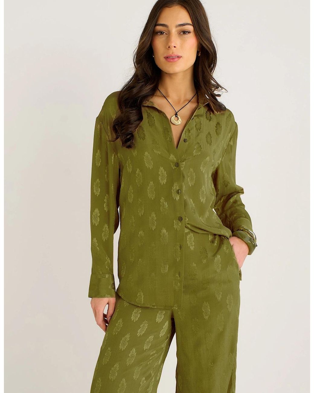 Gini London Green Khaki Floral Satin Jacquard Shirt