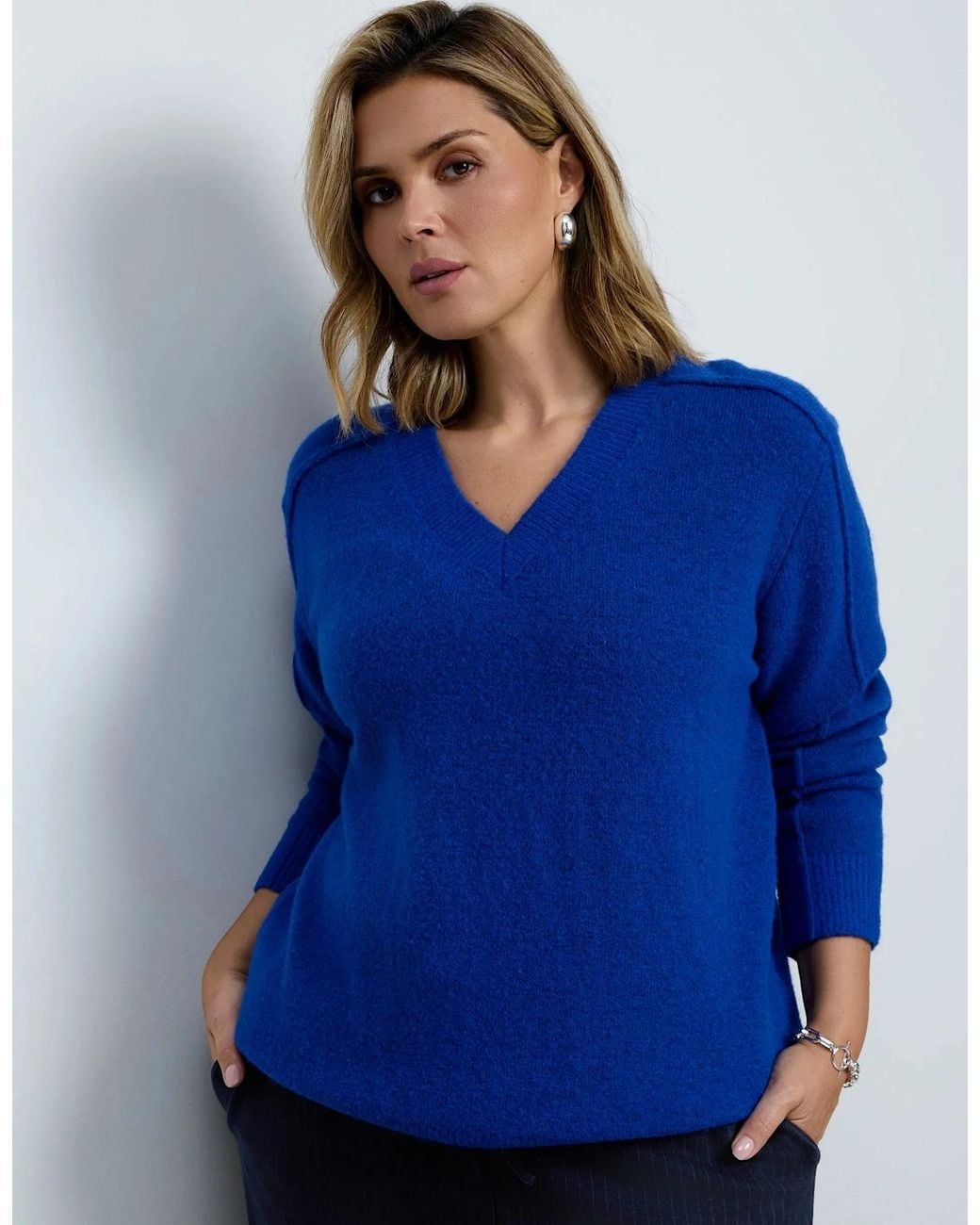 Live Unlimited London Blue Wool Blend V Neck Knitted Jumper