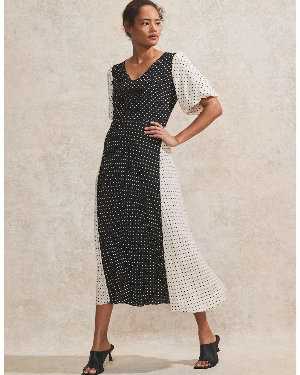 Ro&zo Natural Petite Mono Contrast Polka-Dot Midi Dress