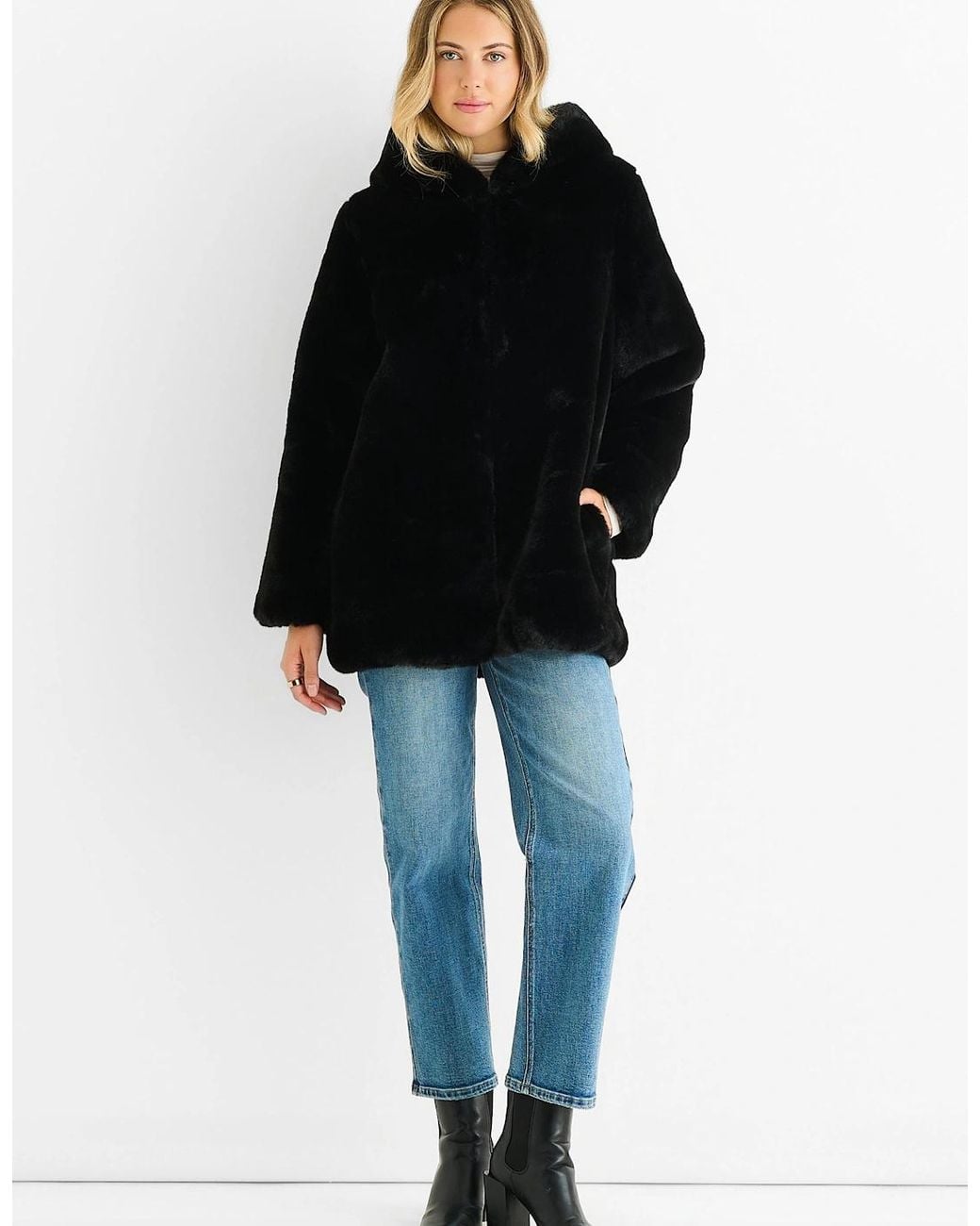 Gini London Black Hooded Long Sleeve Faux Fur Jacket