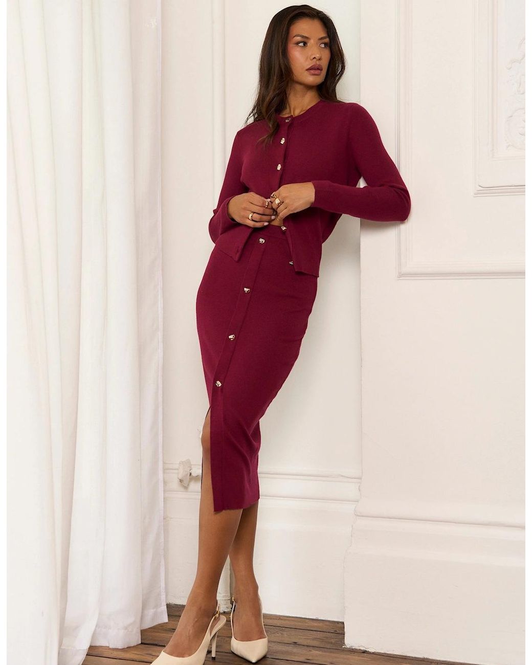 Gini London Red Mulberry Button Fine Knit Cardigan