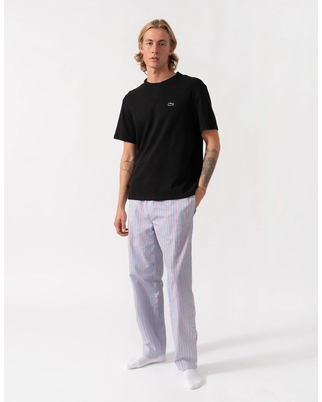 Lacoste White Striped Poplin Loungeware Pyjama Pants for men